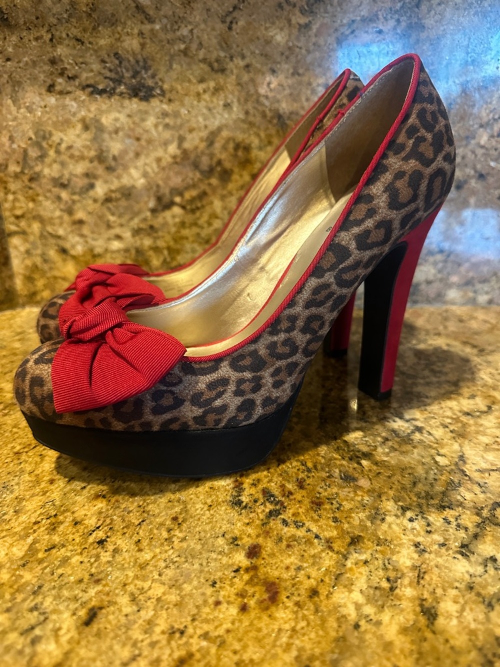 Guess Leopard Print Platform Pumps with Red Trim and Bow
